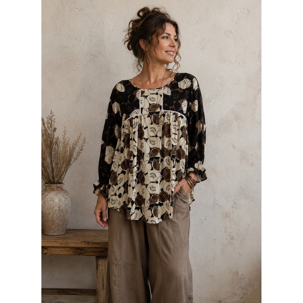 Rose + Olive Tunic Top Womens Plus 1X Black Fall Floral Boho Flowy NWT
